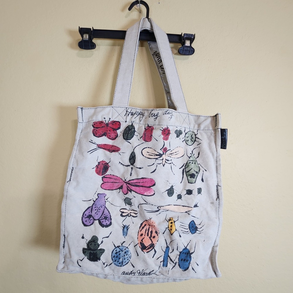 Andy Warhol Happy Bug Day Canvas Tote Bag Pop Art Insect‎ Print Cream 14x14